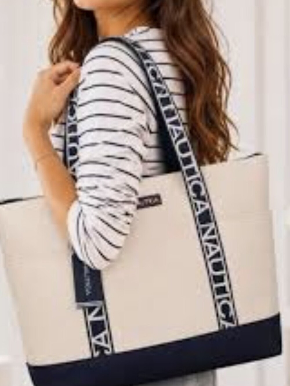 Nautica Canvas Tote with Navy Trim and Logo Straps Color Bone